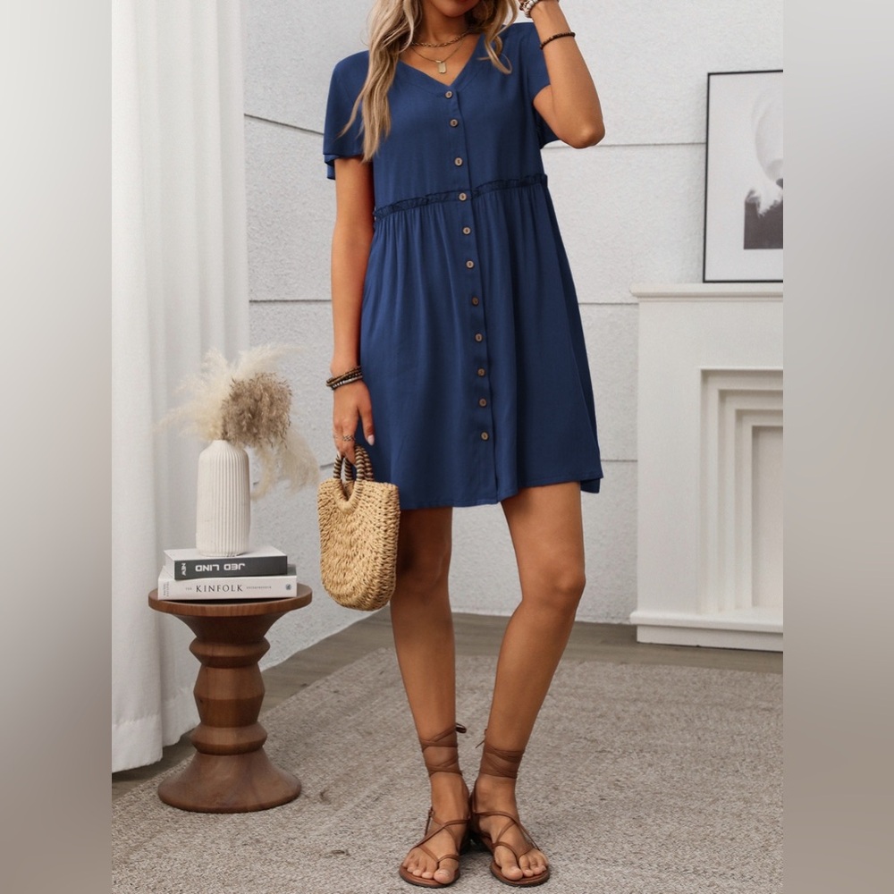 Red Button-Down Flutter Sleeve Mini Dress - Picture 2 of 14